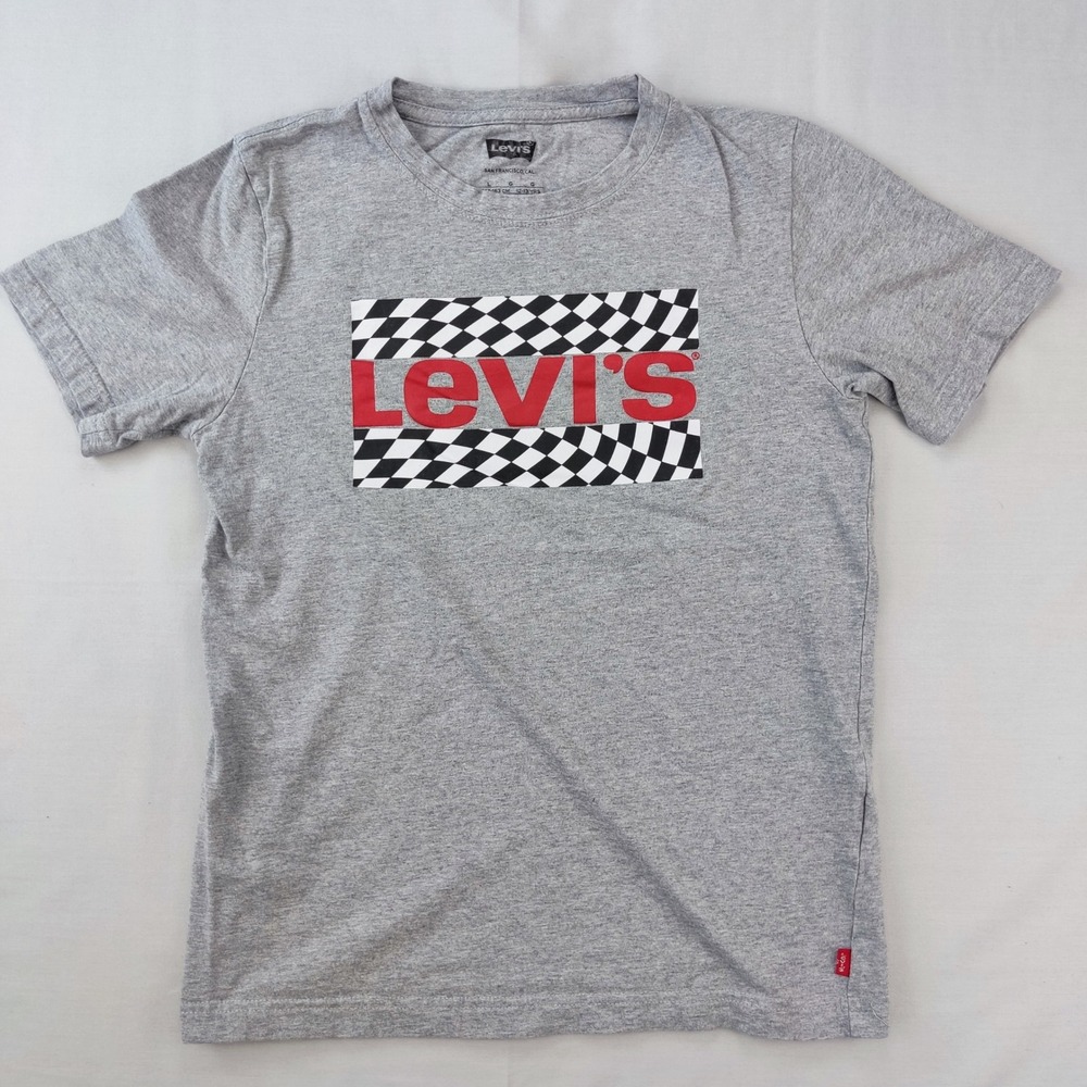 Levi's Graphic T-Shirt Boys L Gray Red Logo Checkered Short Sleeve Crewneck Tee